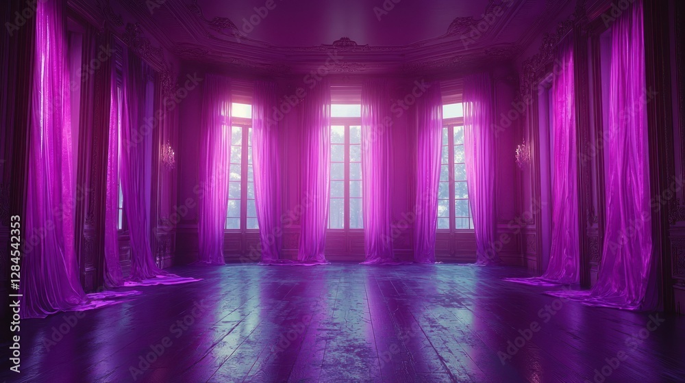 Elegant purple room with glowing windows, vintage interior