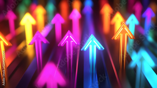 Vibrant neon arrows expanding, representing dynamic business progress and upward trajectory