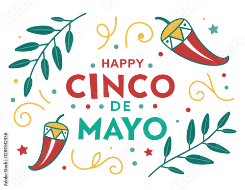 festive cinco de mayo illustration with colorful text, chili peppers, and decorative leaves and swirls. perfect for celebrating mexican culture and heritage.