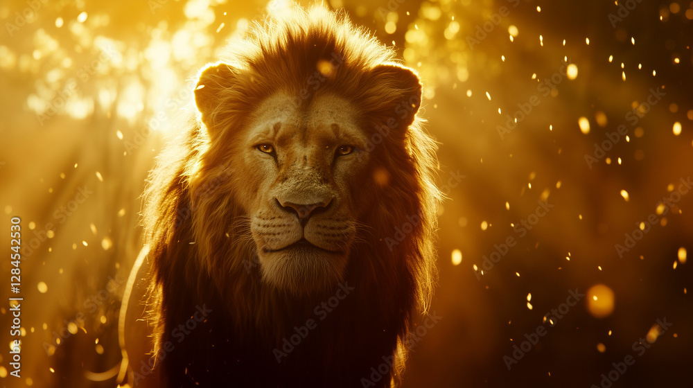 Fototapeta premium Powerful lion gazes intently into the distance amidst a warm, golden atmosphere