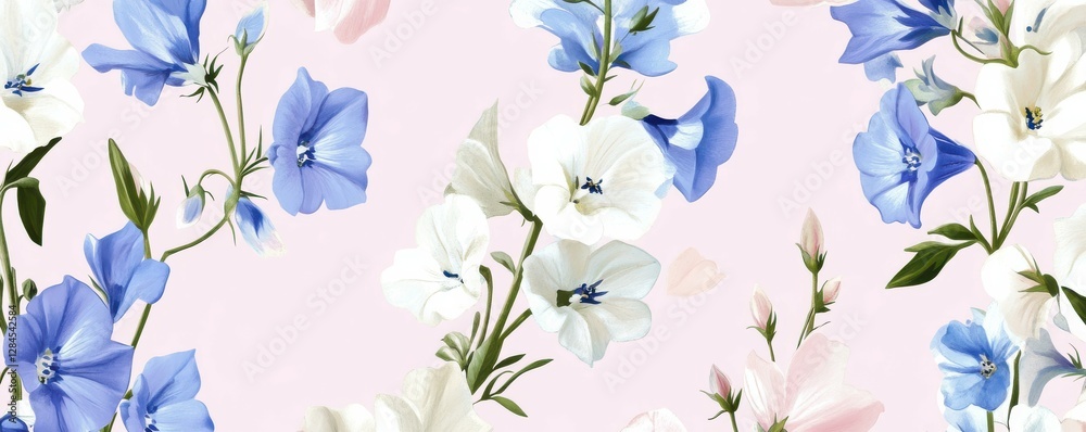 Fototapeta premium Pastel floral pattern with blue and white flowers on light pink background