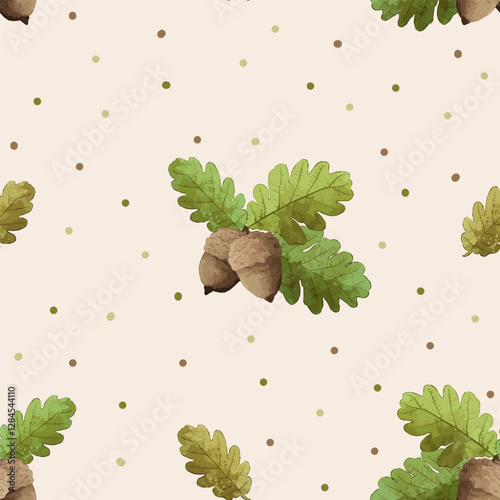 Vector flower seamless acorn watercolor pattern element. Elegant texture for backgrounds. Seamless texture for wallpapers, textile, wrapping.