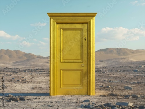 golden door desert landscape, sunlight, open door, mystical scene, fantasy architecture