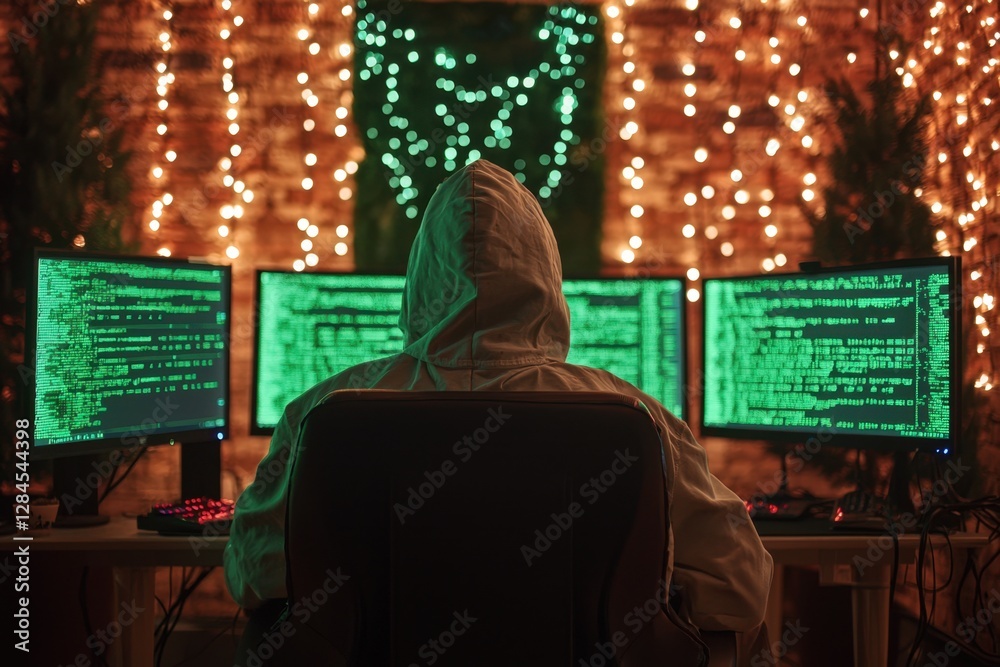 Hacker working on multiple screens in a dimly lit room with coding displays. Hacker working on multiple screens in a dimly lit room with coding displays.