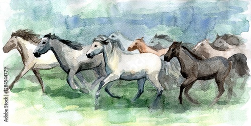 Canvas-taulu A herd of horses galloping - watercolor handmade illustration impressionist pain
