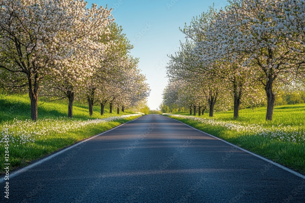 Fototapeta premium Blossoming trees lining a serene road in springtime with vibrant greenery under a clear blue sky