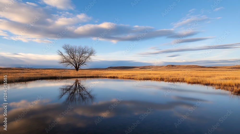 Solitary Tree with Reflection in Tranquil Waters Under a Beautiful Sky : Generative AI