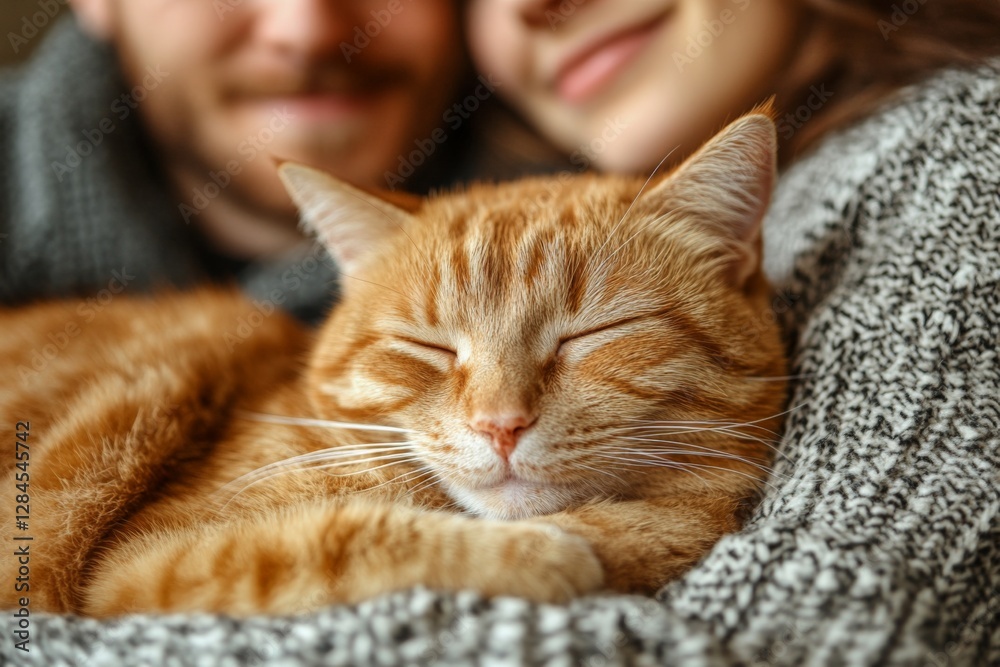 Cozy moment shared between a couple and their content orange cat in a warm sweater Cozy moment shared between a couple and their content orange cat in a warm sweater
