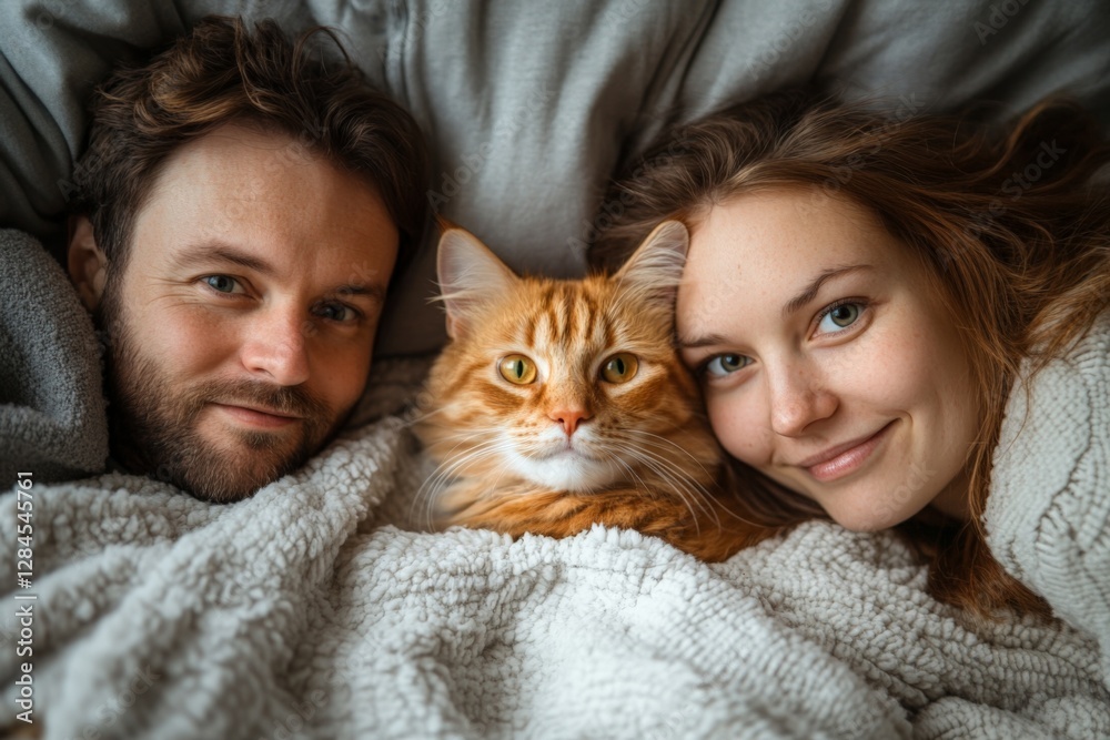 Couple cuddling with their fluffy cat on a cozy bed under soft blankets in the morning light Couple cuddling with their fluffy cat on a cozy bed under soft blankets in the morning light