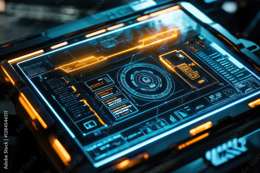 Obraz premium Advanced sci-fi touchscreen interface with glowing orange holograms.