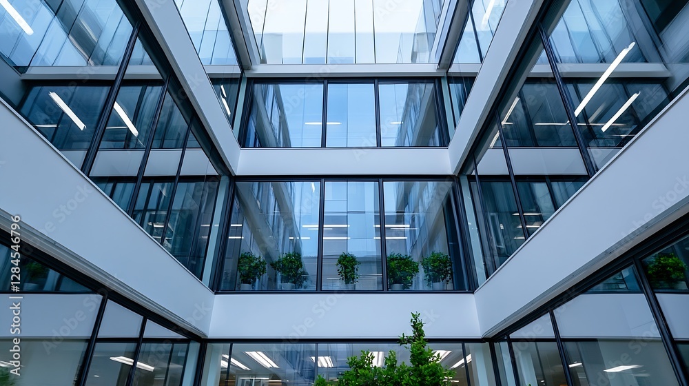 Obraz premium Modern office building interior showcasing large glass windows and green plants : Generative AI