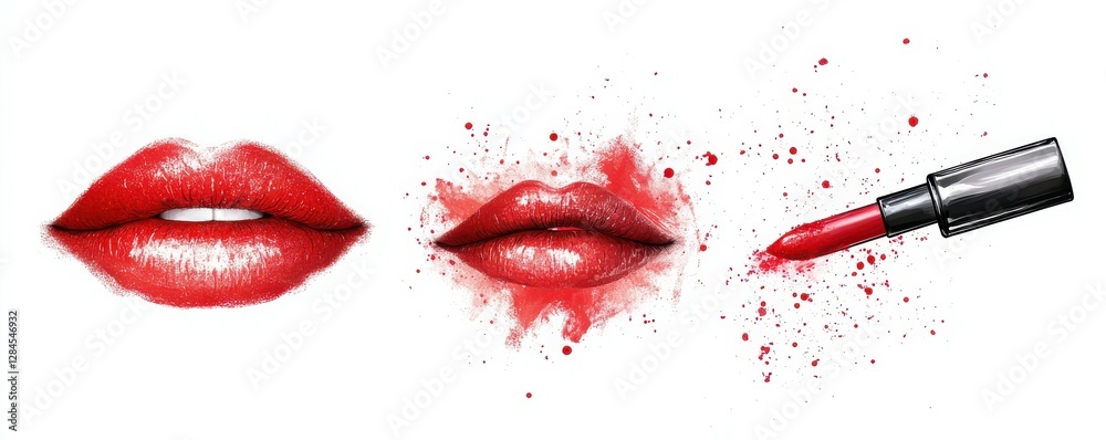 Obraz premium Three artistic red lips with lipstick: realistic, splattered, and cosmetic