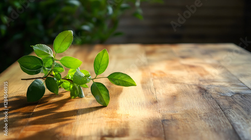 Small green leaves resting on a wooden table in the sunlight, creating a natural and peaceful atmosphere