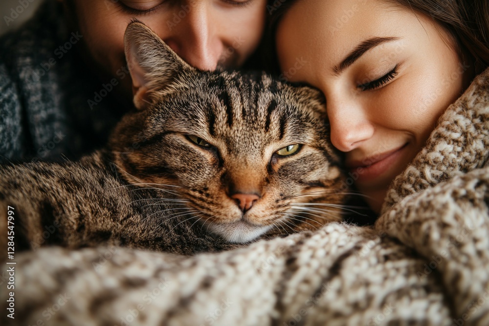 Loving couple cuddling with their cat in a cozy living space during a chilly evening Loving couple cuddling with their cat in a cozy living space during a chilly evening
