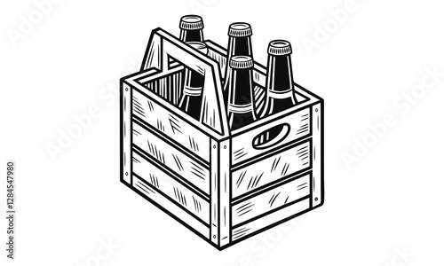 Vintage Wooden beer crate vector illustration, silhouette, monochrome design, hand drawn illustration, detailed vector, isolated on a white background
