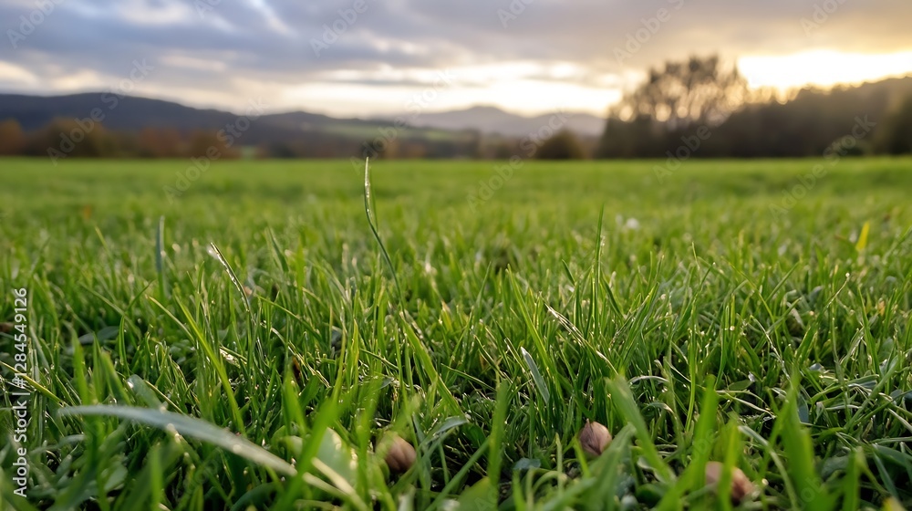 Fototapeta premium Close up view of lush green grass with beautiful scenic backdrop at sunset in a tranquil landscape : Generative AI