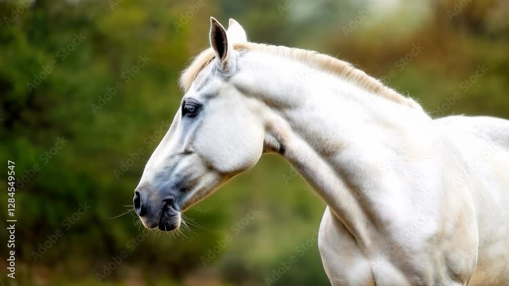 Graceful White Akhal Teke Horse Posing Elegantly in a Peaceful Outdoor Setting Graceful White Akhal Teke Horse Posing Elegantly in a Peaceful Outdoor Setting