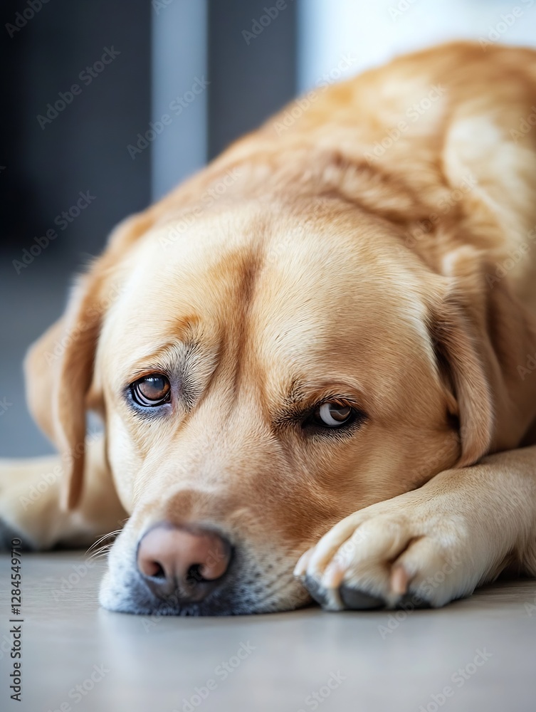 Closeup of a weary labrador retriever resting on the floor showing deep thoughts and loyalty : Generative AI Closeup of a weary labrador retriever resting on the floor showing deep thoughts and loyalty : Generative AI