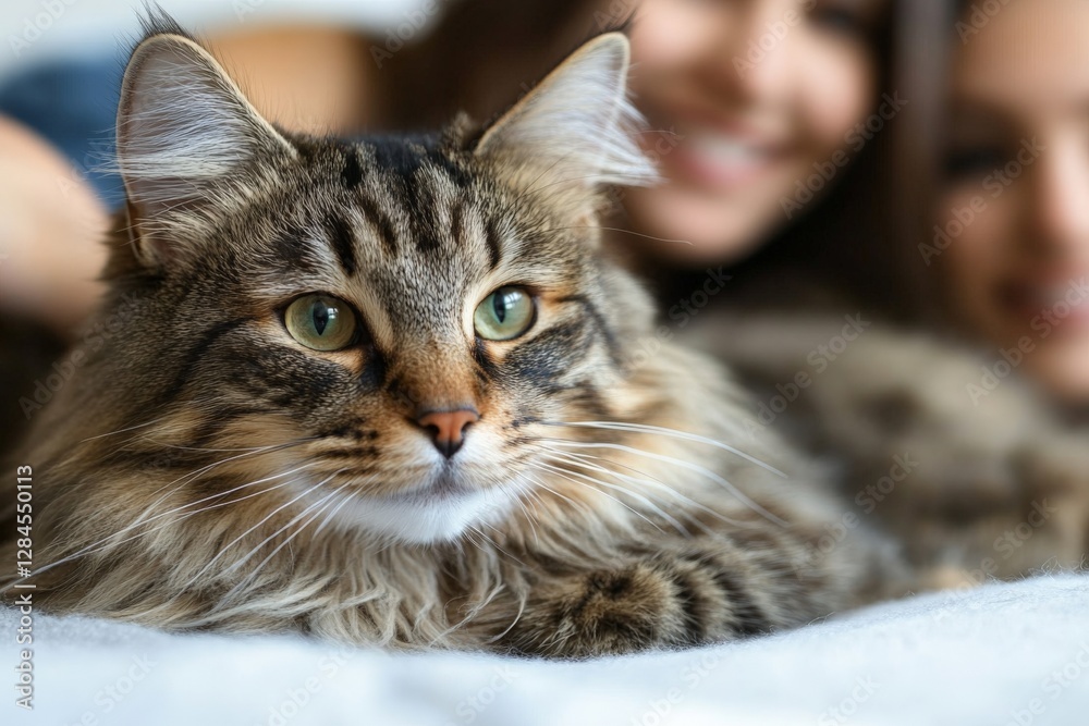 Engaging moments with a playful cat and two friends in a cozy indoor setting Engaging moments with a playful cat and two friends in a cozy indoor setting