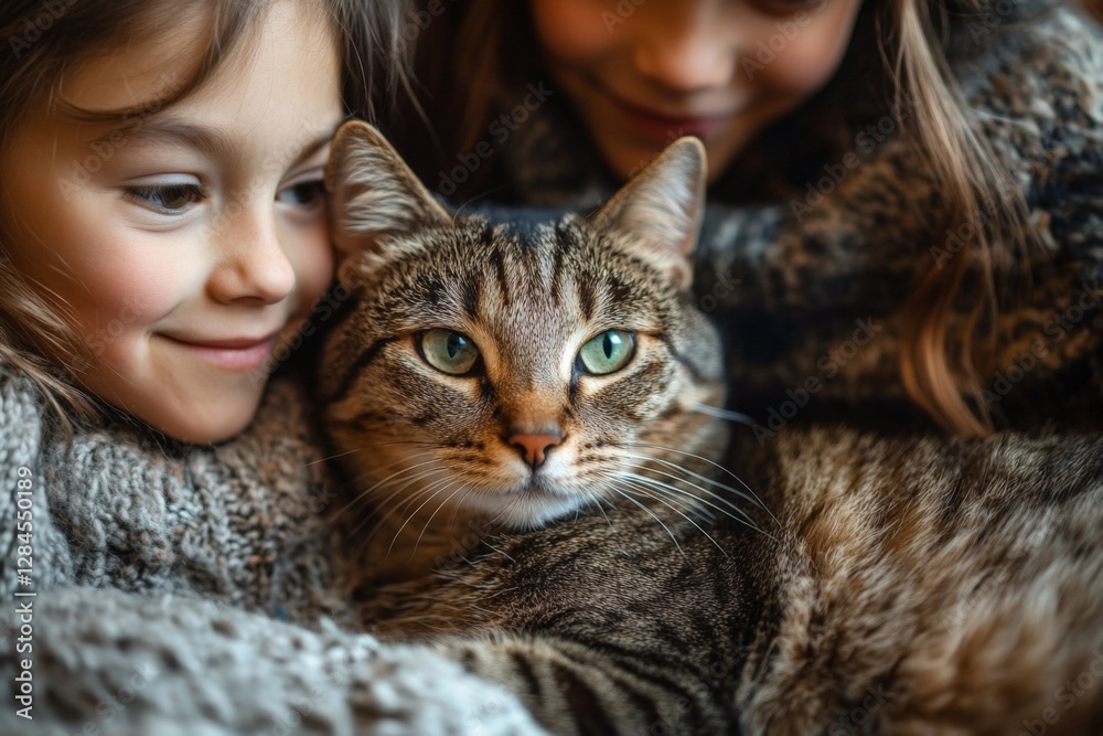 Two children cuddling with a tabby cat while sitting together in cozy sweaters during a winter afternoon Two children cuddling with a tabby cat while sitting together in cozy sweaters during a winter afternoon