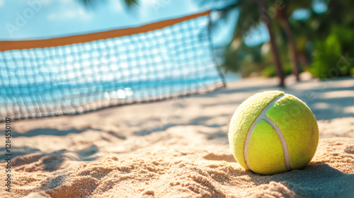 Fototapeta Naklejka Na Ścianę i Meble -  Yellow tennis ball resting on sandy beach court, palm trees and ocean horizon framing coastal sporting scene