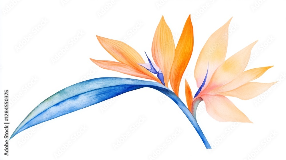 Obraz premium Exotic beauty of bird of paradise flower in vibrant orange and blue watercolor illustration depicting tropical allure