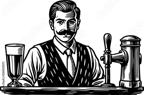 Bartender with a mustache standing confidently behind a bar, featuring a beer tap and frothy mug sketch engraving vector