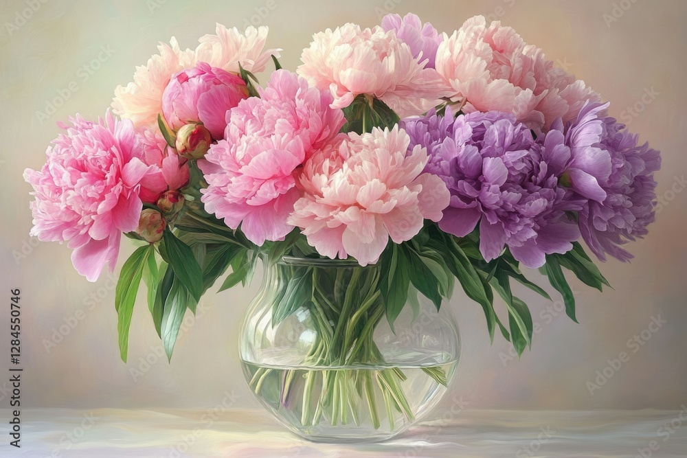 A bouquet of pink and purple peonies in a clear glass vase, beautifully arranged. A bouquet of pink and purple peonies in a clear glass vase, beautifully arranged.