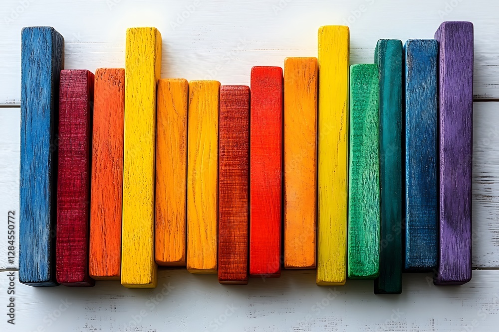 Colorful Wooden Blocks Arranged in a Rainbow Spectrum on a White Background Colorful Wooden Blocks Arranged in a Rainbow Spectrum on a White Background