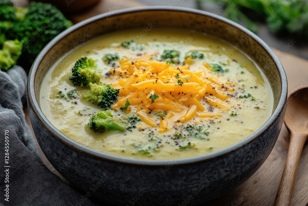 Creamy broccoli and cheddar soup with melted cheese and fresh garnishes Creamy broccoli and cheddar soup with melted cheese and fresh garnishes