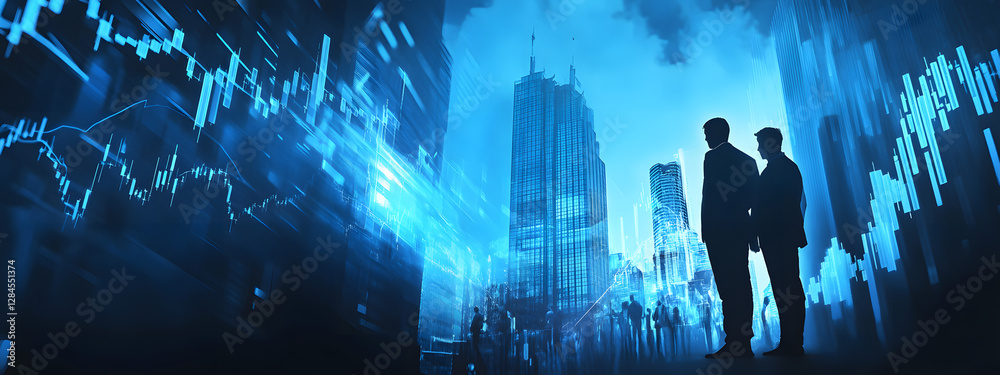 Obraz premium Businessmen and financial charts in a double exposure background, with business people standing in silhouette over a stock market graph chart 