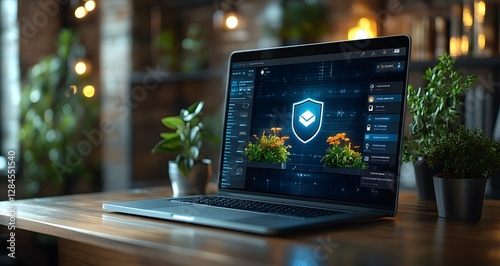 Secure Digital Network Displayed on Laptop in Cozy Workspace photo