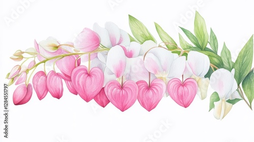 Charming watercolor illustration showcasing the beauty of bleeding heart flowers in deep pink and white tones