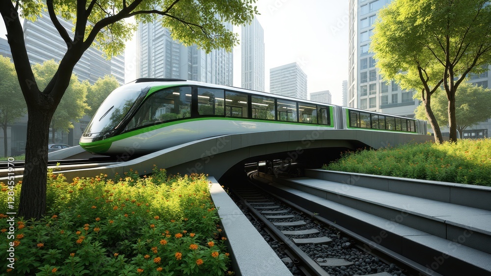 Naklejka premium Eco-friendly Transit Glides on Elevated Tracks Through Lush Greenery, Highlighting Sustainable Urban Living and Green Technology