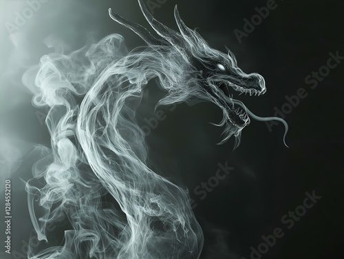 dragon smoke, dark background, blue and grey hues, swirling, mystical creature