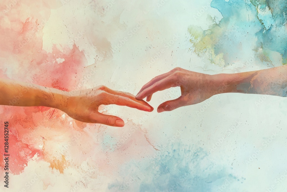 Fototapeta premium Surreal artwork of hands touching, blending into soft pastel watercolor hues