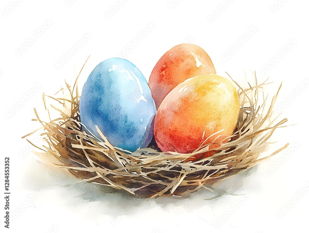 Pastel watercolor of Easter eggs resting in a nest. Generative AI