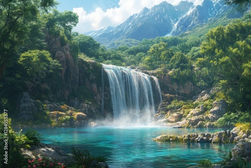 Serene waterfall cascading into a crystal-clear pool, nestled amidst lush greenery and majestic mountains.