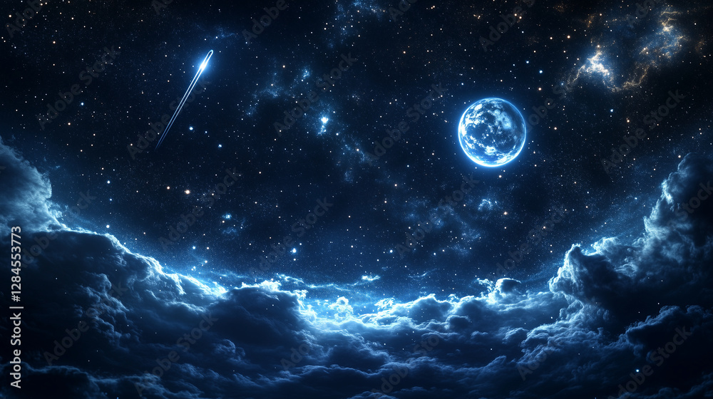 View from night clouds to Earth, fantasy backdrop, fantastic night sky background with stars View from night clouds to Earth, fantasy backdrop, fantastic night sky background with stars