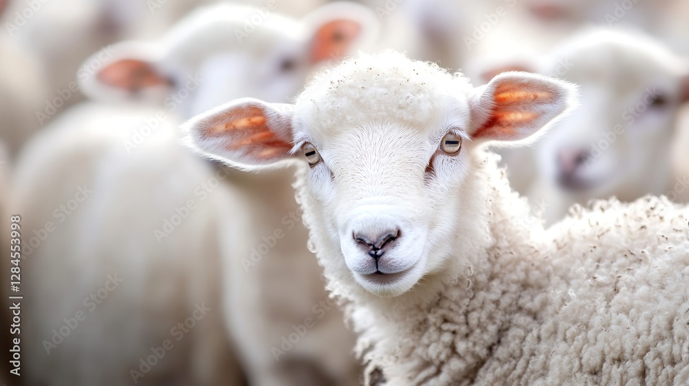 Adorable sheep with a curious expression stands out among a flock in a pasture setting : Generative AI Adorable sheep with a curious expression stands out among a flock in a pasture setting : Generative AI