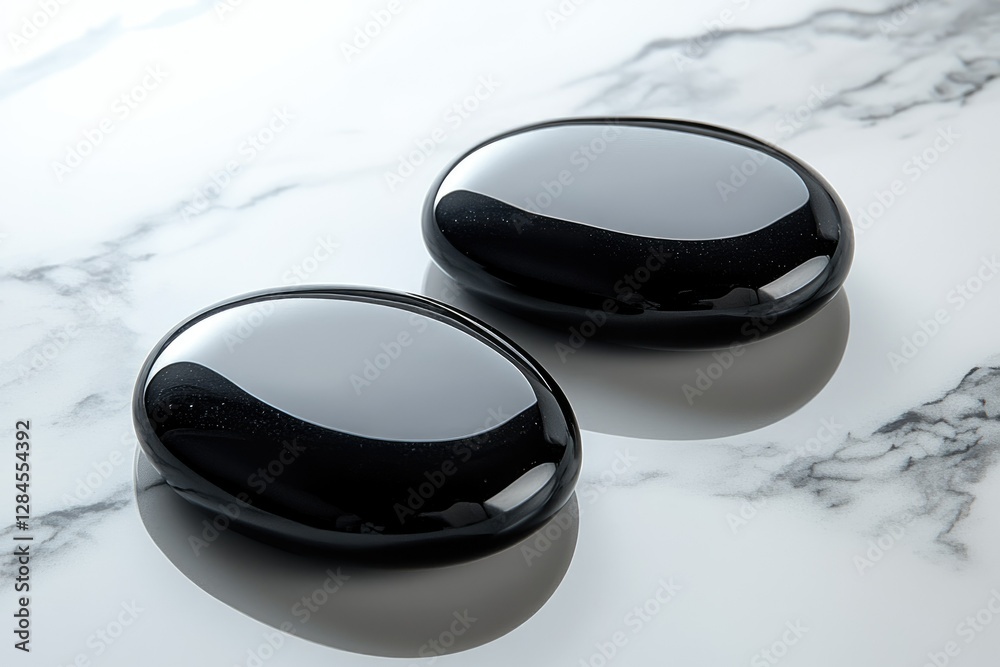 Two smooth, black stones rest on a marble surface, reflecting light. Two smooth, black stones rest on a marble surface, reflecting light.