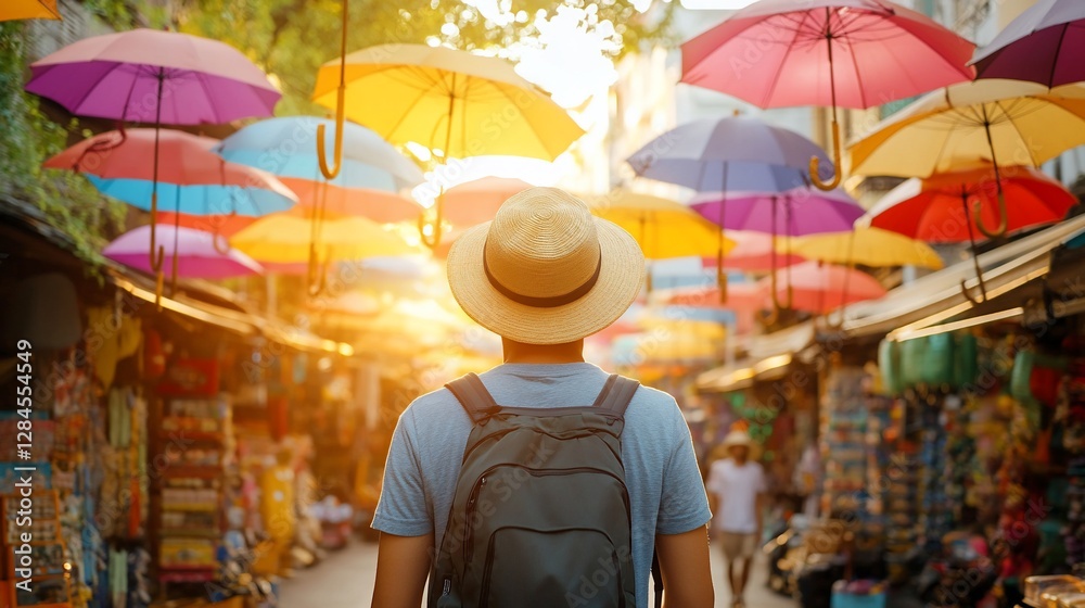 Fototapeta premium Tourist walks through colorful umbrella market at sunset