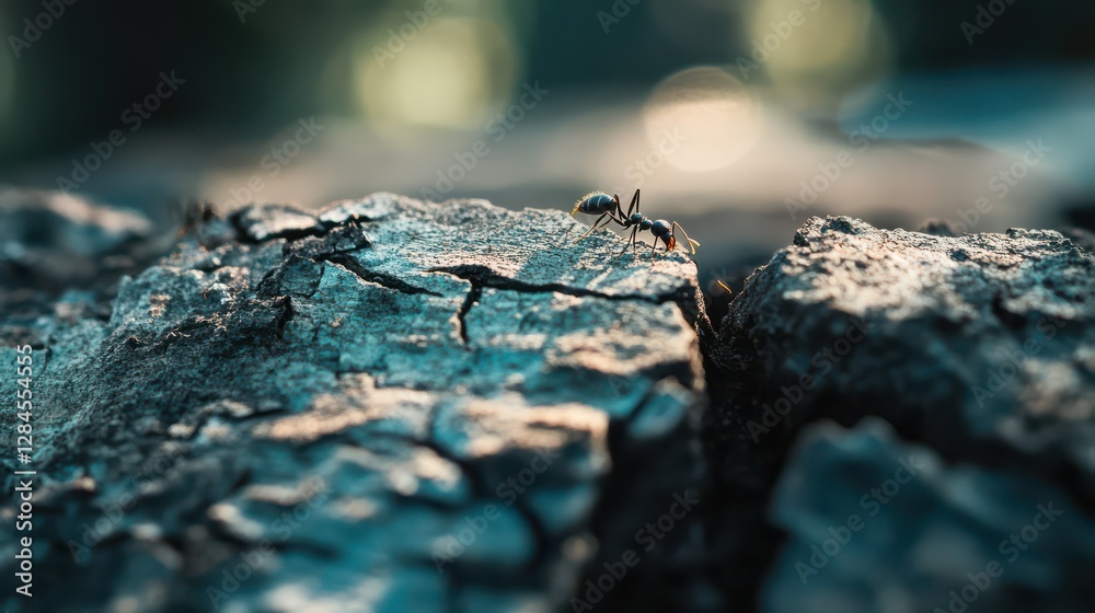 Ants traversing cracked bark in sunlit forest environment Ants traversing cracked bark in sunlit forest environment