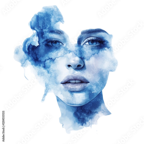 Serene Blue Watercolor Woman Mysterious Gaze Dreamlike Portrait