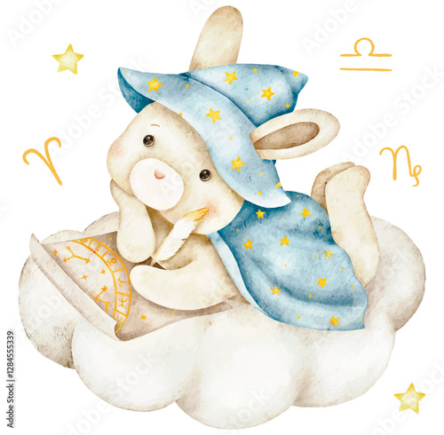 A bunny astrologer sits on a cloud, counting stars and holding scrolls of the natal chart, surrounded by golden stars and zodiac signs