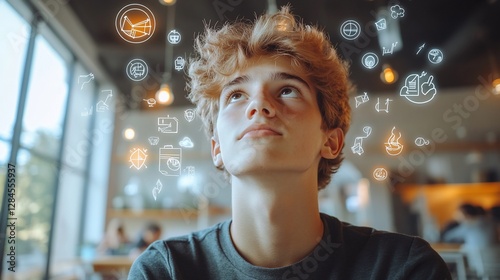 Teenage Boy Contemplating Ideas in a Cafe Setting