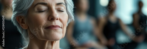 Meditation session in a serene studio with focus on a senior woman enjoying mindfulness practice