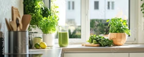 Wallpaper Mural Sunlit kitchen with fresh green juice and herbs on a wooden countertop near a window Torontodigital.ca