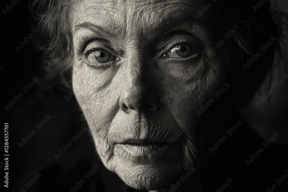 A close-up black and white portrait of an elderly woman's face, showcasing the textures of age and experience. A close-up black and white portrait of an elderly woman's face, showcasing the textures of age and experience.