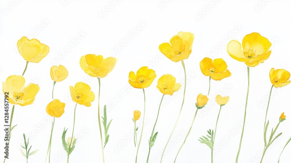 Fototapeta premium Bright yellow buttercups sway gently in a cheerful watercolor botanical illustration celebrating nature's beauty